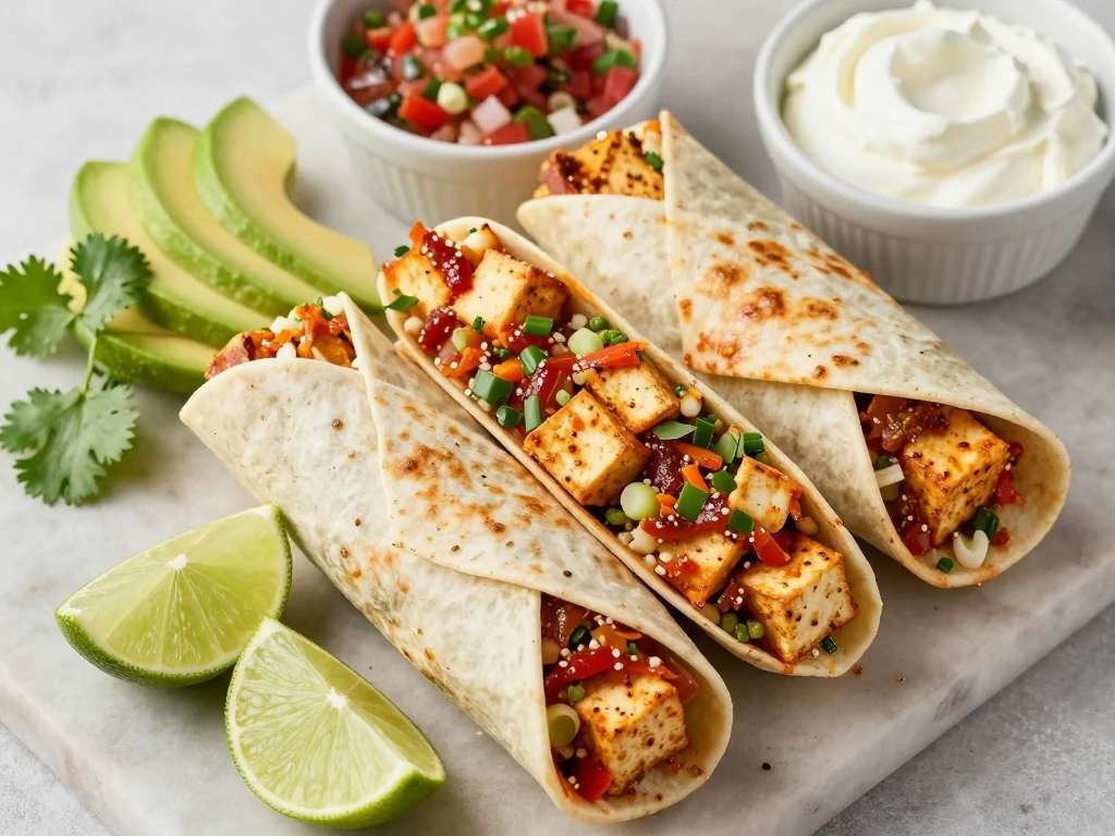 Four spicy tofu burritos served with lime, salsa, avocado, and cilantro