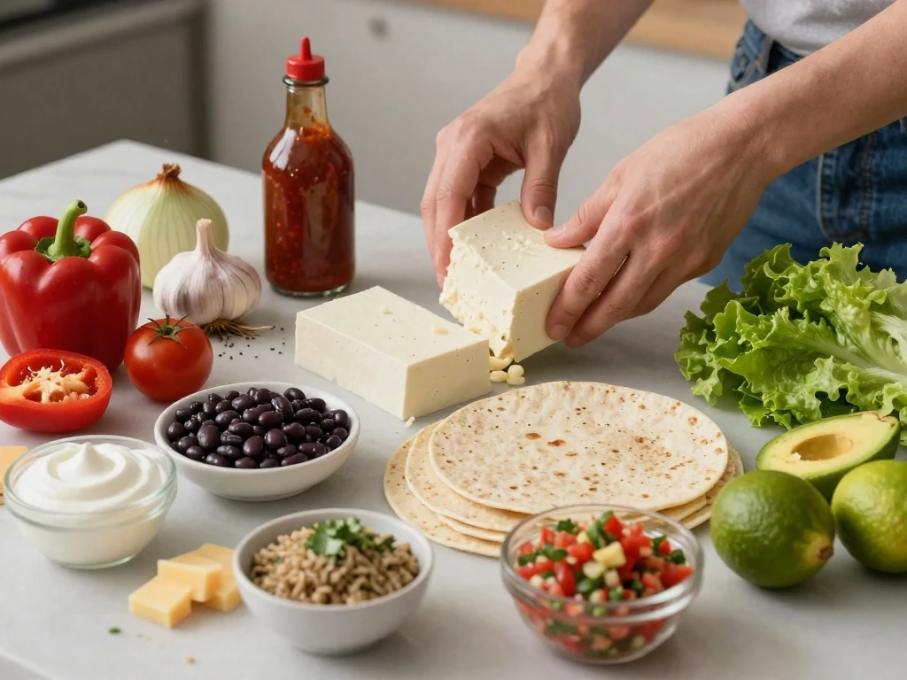 Ingredients for spicy tofu burritos arranged for cooking