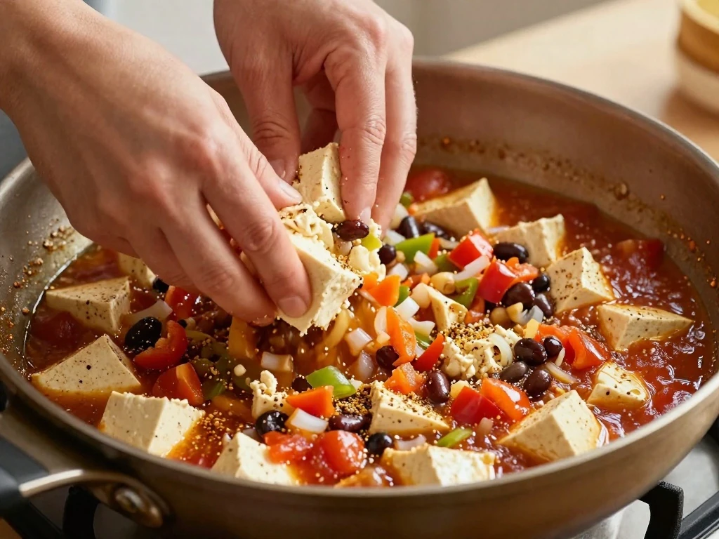 Smoky tofu, tomato, and bean burrito filling cooking in a skillet