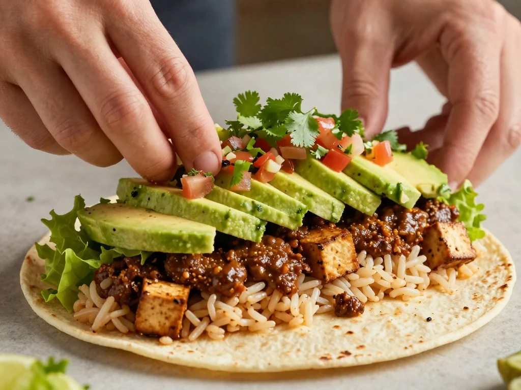 Layering rice, spicy tofu filling, and toppings inside a flour tortilla