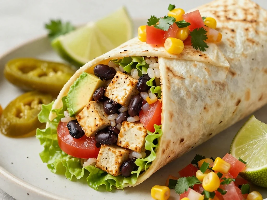 Sliced spicy tofu burrito with optional toppings and fresh garnishes