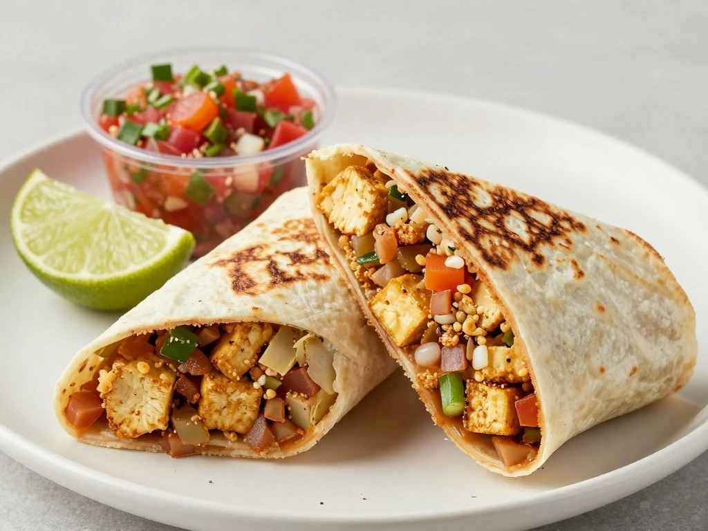 Toasted spicy tofu burrito ready to serve after reheating