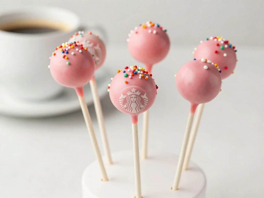 Homemade pink Starbucks-style vanilla cake pops arranged beside coffee