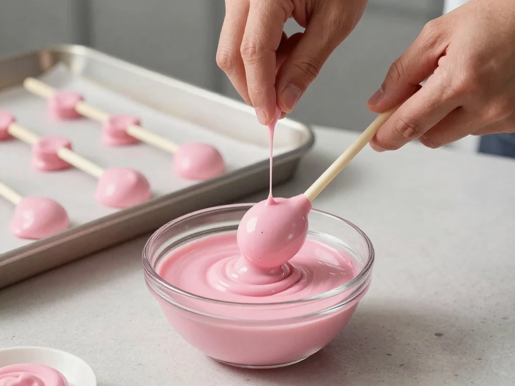 Dipping a cake pop into smooth pink candy coating