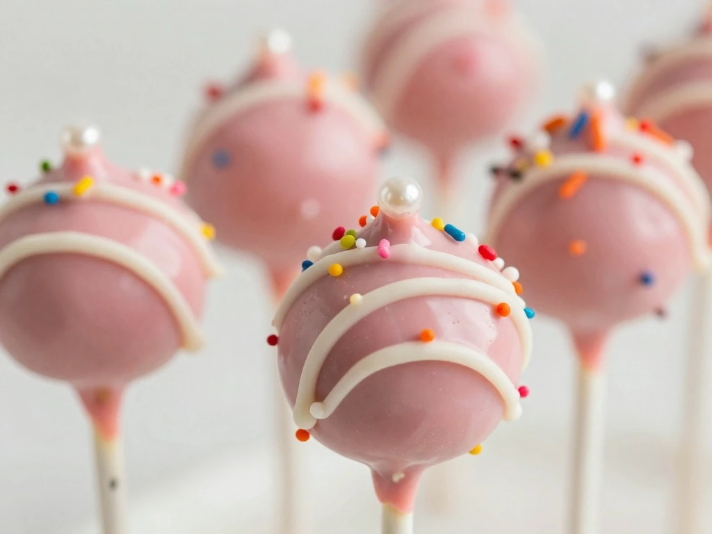 Close-up of decorated pink cake pops with white drizzle and sprinkles