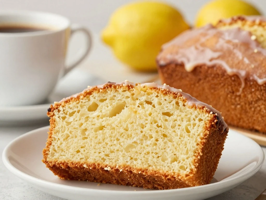 Moist Starbucks-style lemon pound cake slice with white glaze beside coffee