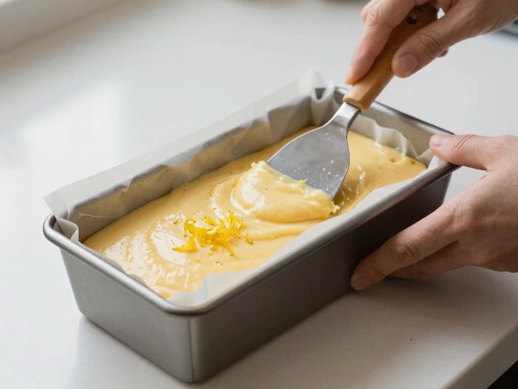 Lemon pound cake batter spread in a loaf pan before baking