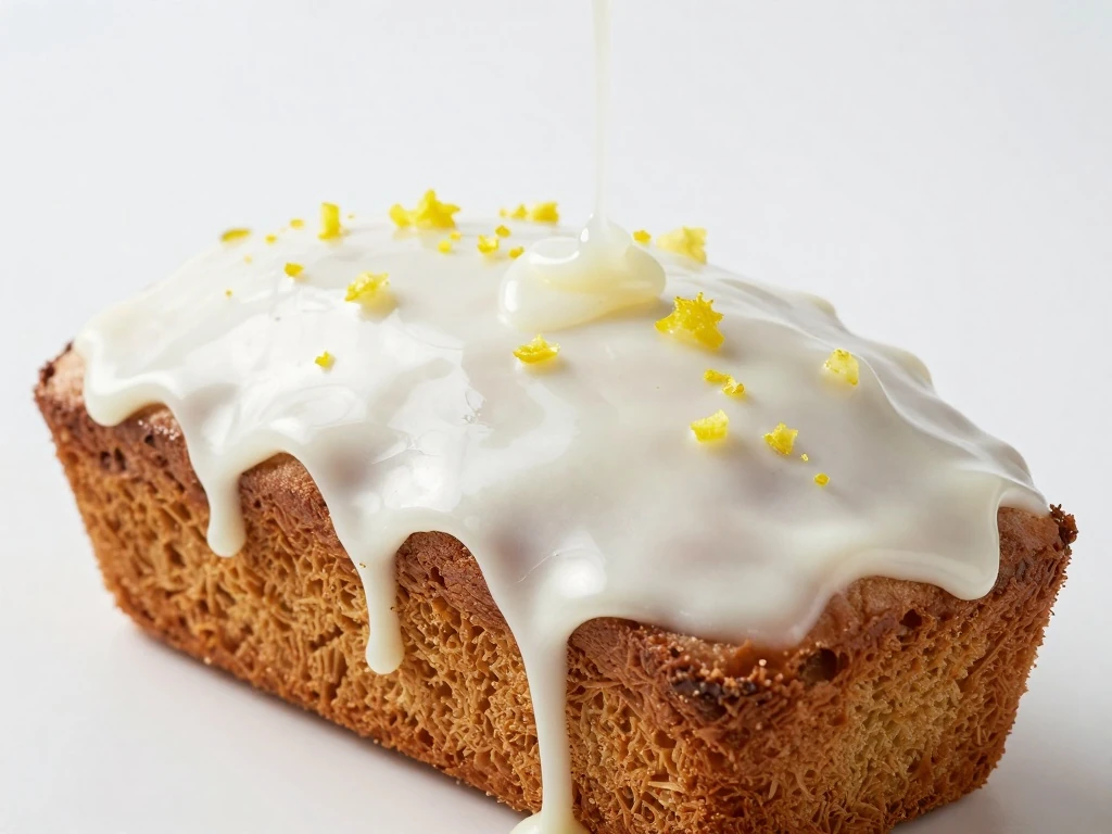 Thick white lemon glaze covering a lemon pound cake