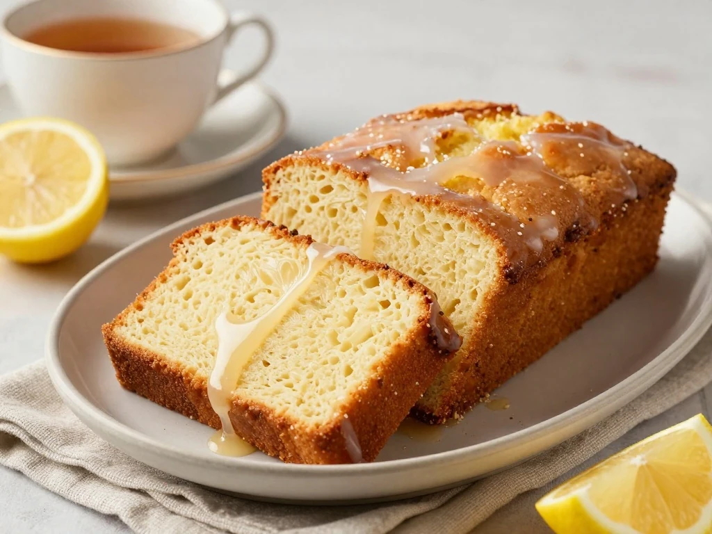 Sliced glazed lemon loaf served with tea and lemon