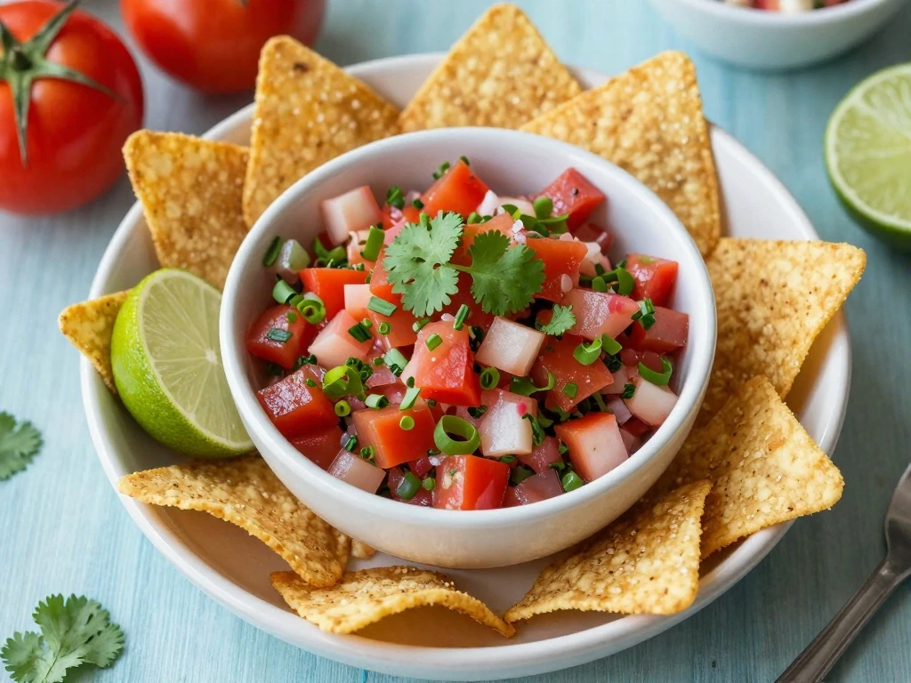Fresh homemade pico de gallo served with tortilla chips and lime