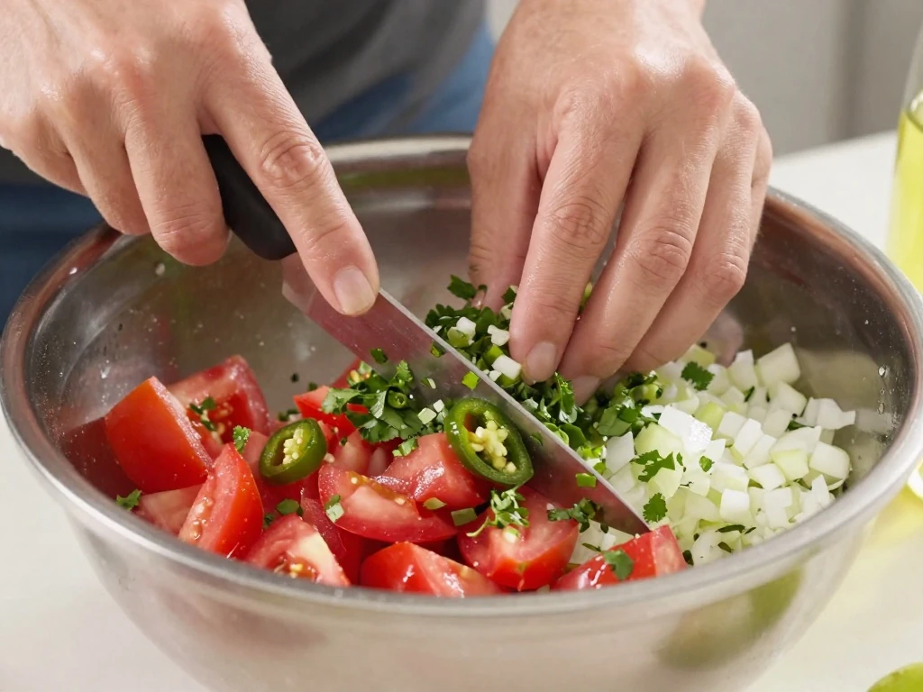 Fresh pico de gallo ingredients being combined in a bowl
