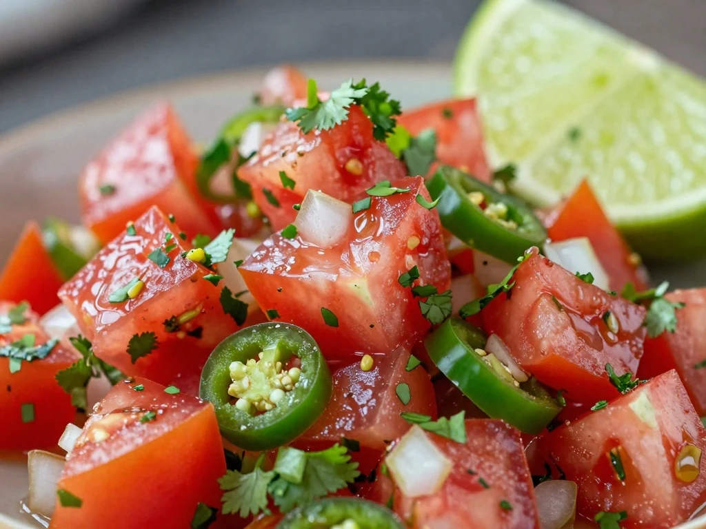 Close-up detail of chunky tomato pico de gallo with cilantro