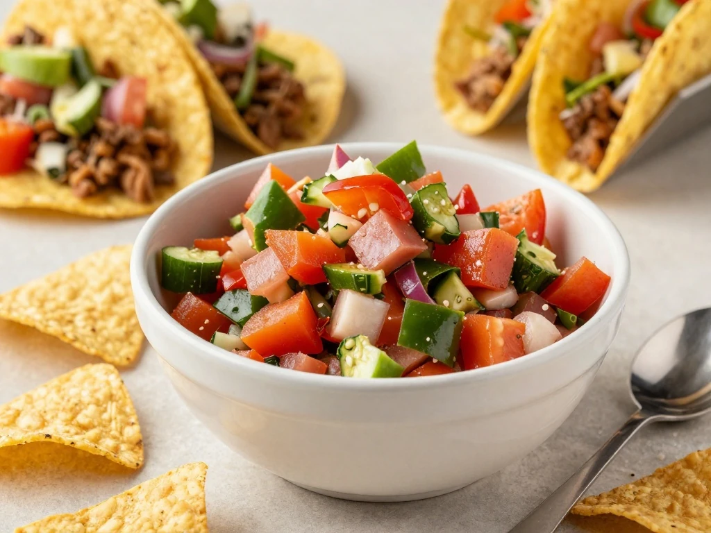 Pico de gallo served with chips and tacos