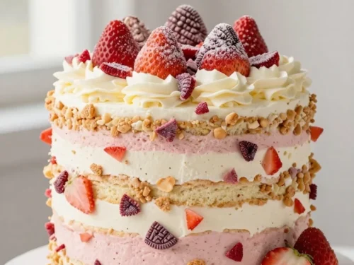 Strawberry Crunch Cake Recipe with Golden Oreo Crumble
