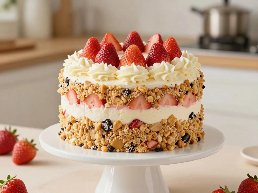 Strawberry crunch cake with cream-cheese frosting and Golden Oreo crumble