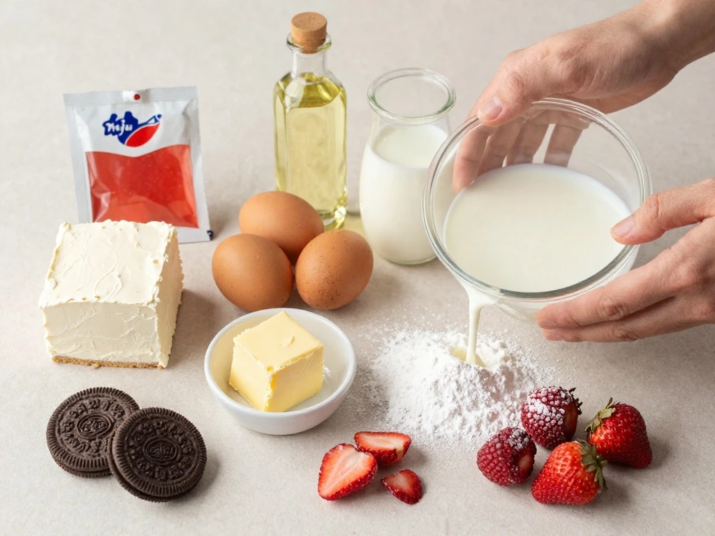 Ingredients for strawberry crunch cake arranged for baking