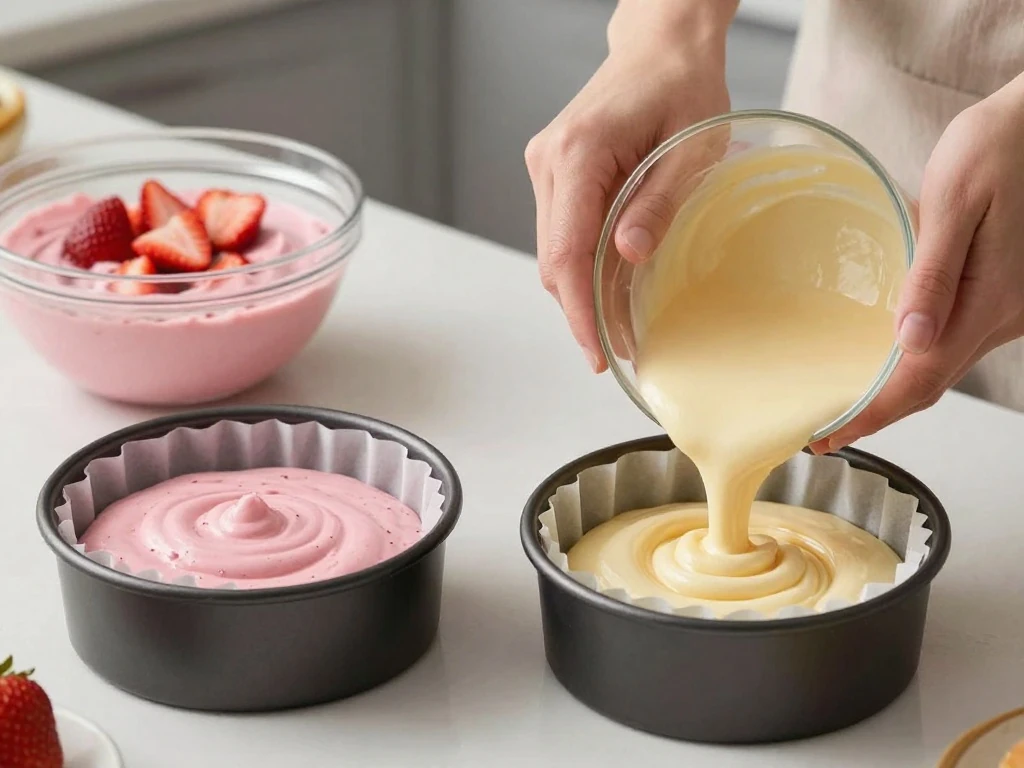 Strawberry cake batter being prepared in round cake pans