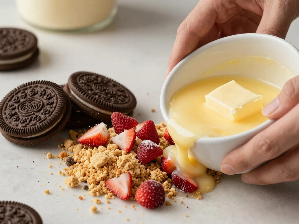 Golden Oreo and freeze-dried strawberry crunch topping being mixed