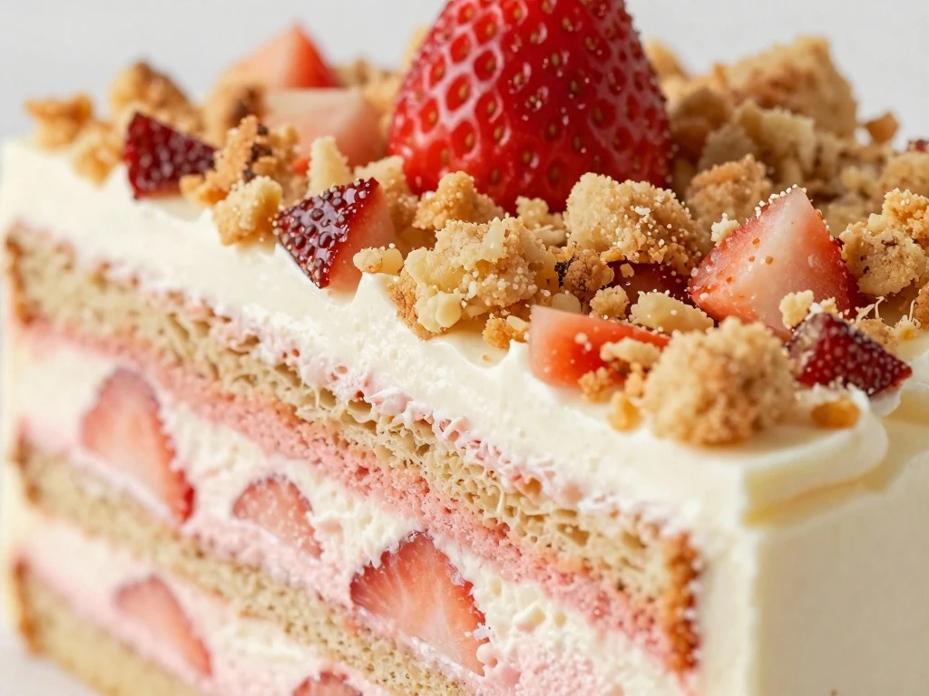 Close-up slice of strawberry crunch cake with fresh strawberry garnish