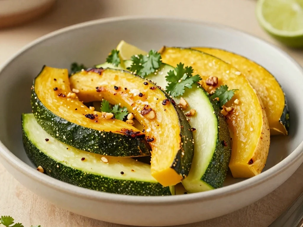 Summer squash with toasted garlic, lime, and cilantro served in a bowl