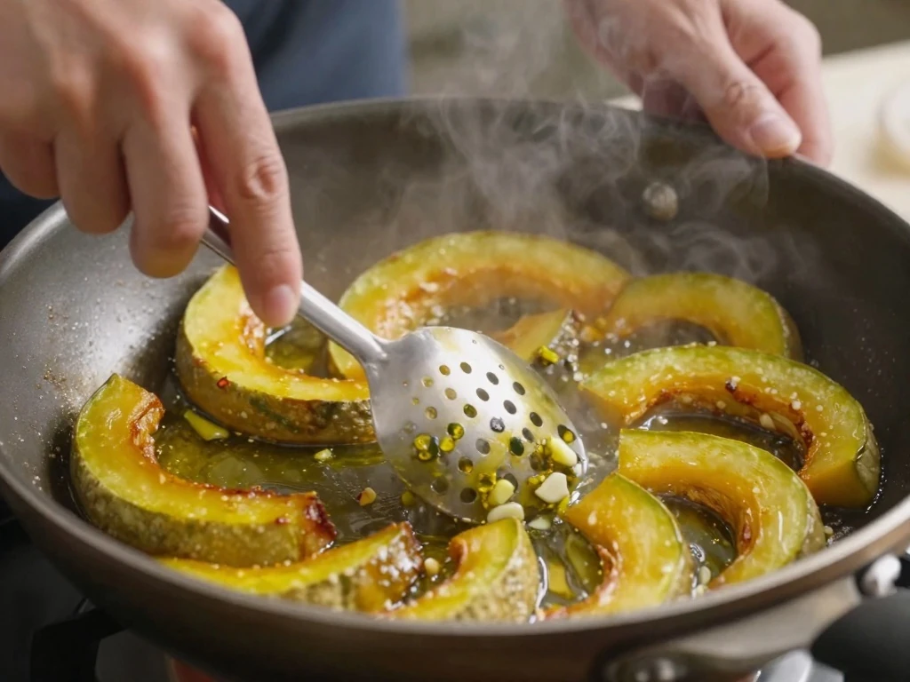 Summer squash sautéing in garlic-scented olive oil