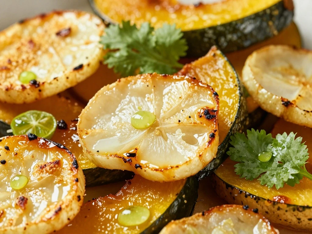 Close-up of crisp toasted garlic and cilantro on sautéed squash