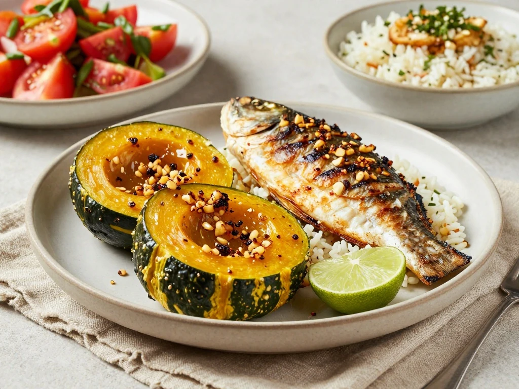 Summer squash side dish served with rice, grilled fish, and tomato salad