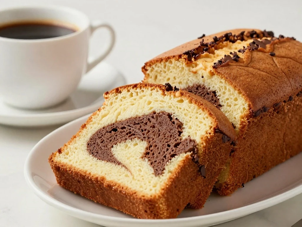 Slice of easy swirled marble cake served with coffee