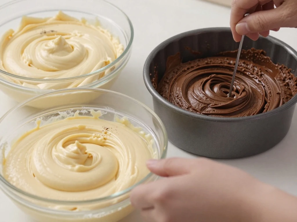 Vanilla and chocolate cake batter being swirled in a pan