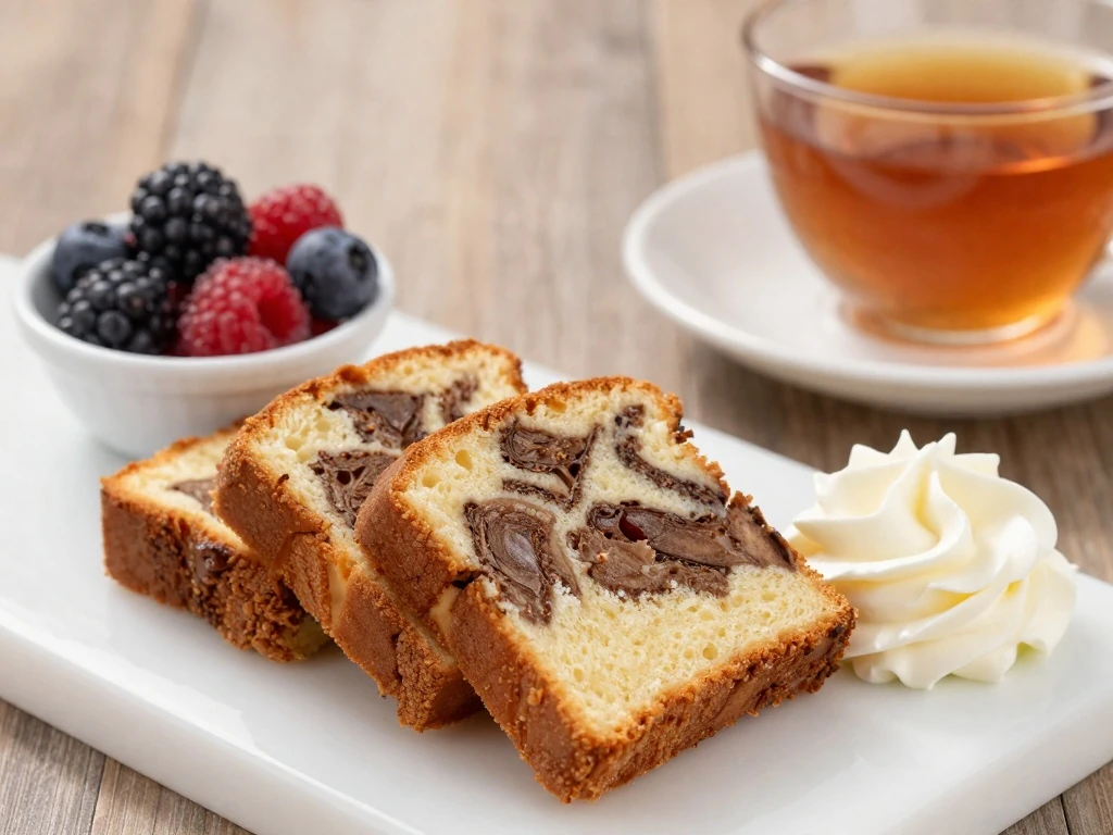 Marble cake slices served with berries and whipped cream