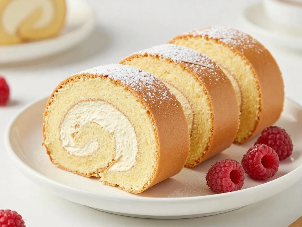 Sliced vanilla Swiss roll cake with whipped cream filling and powdered sugar