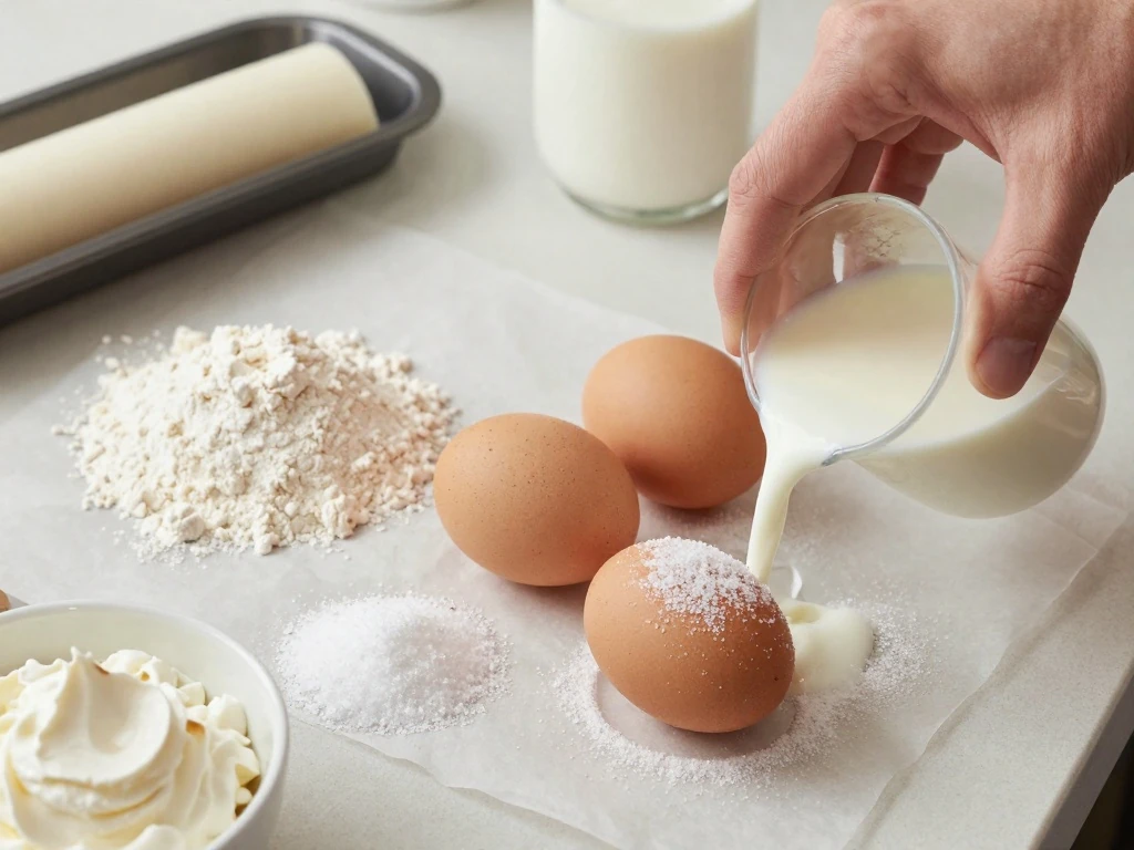 Ingredients for an easy vanilla Swiss roll cake