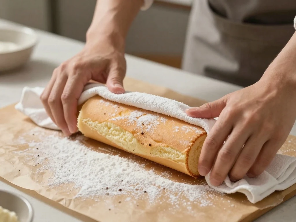 Rolling a hot Swiss roll sponge in a powdered sugar towel