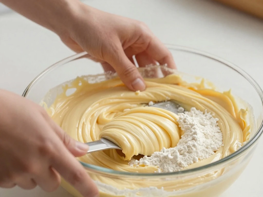 Folding sifted flour into airy Swiss roll batter