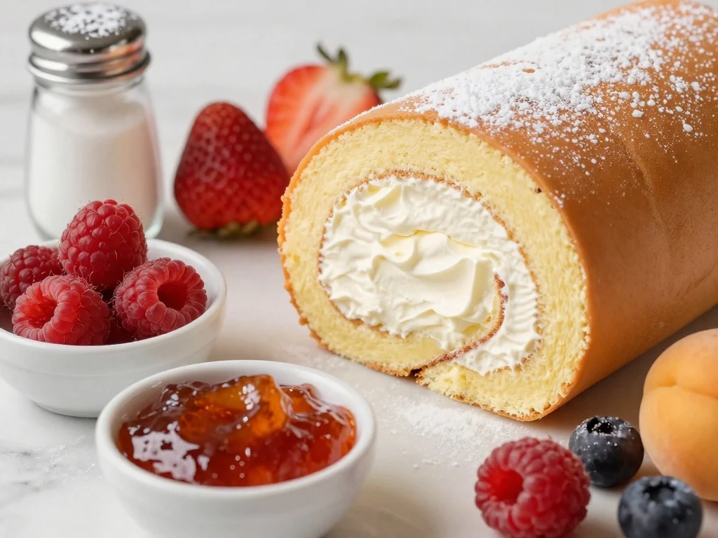 Whipped cream and jam filling options for Swiss roll cake