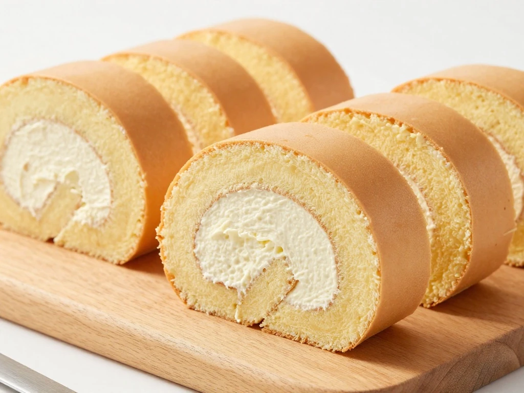 Clean slices of chilled Swiss roll cake showing the cream spiral