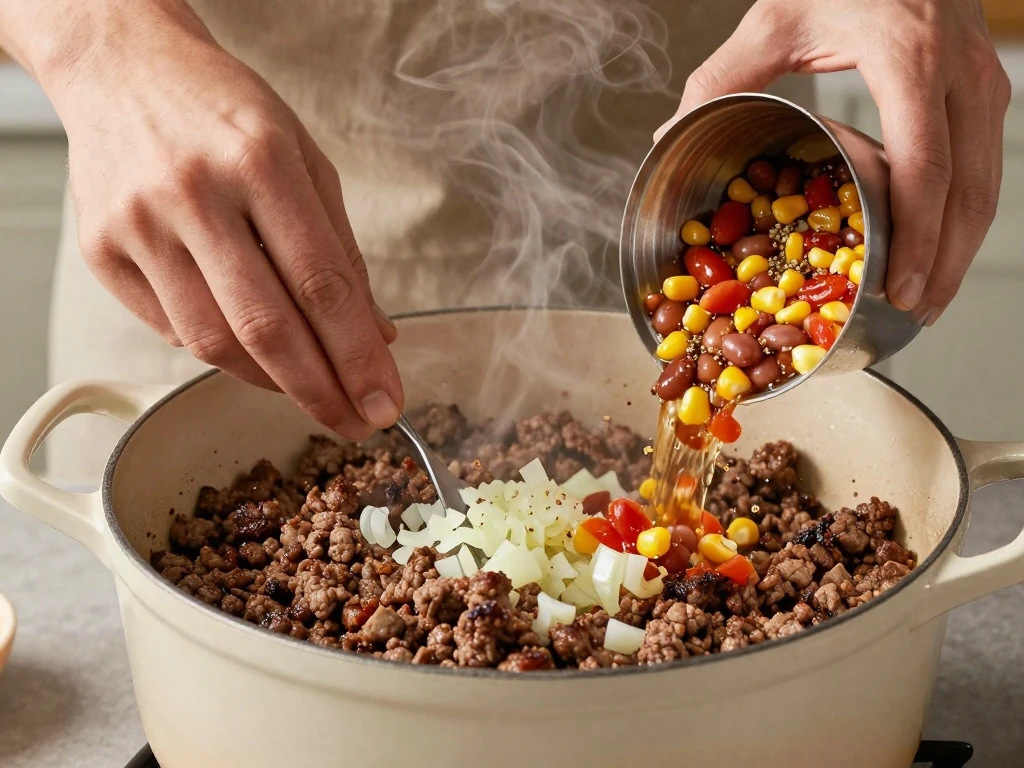 Cooking ground beef and vegetables for taco soup in a Dutch oven