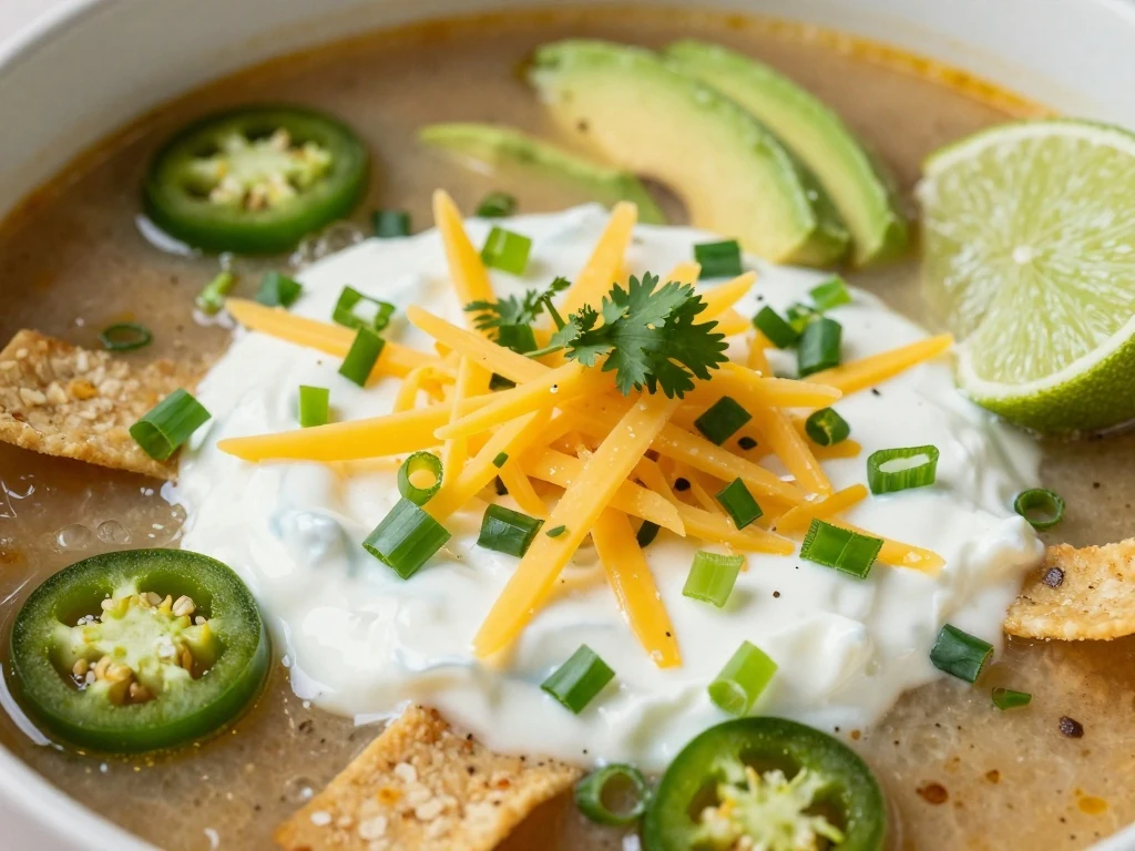Taco soup with fresh toppings including yogurt, cheese, cilantro, and lime