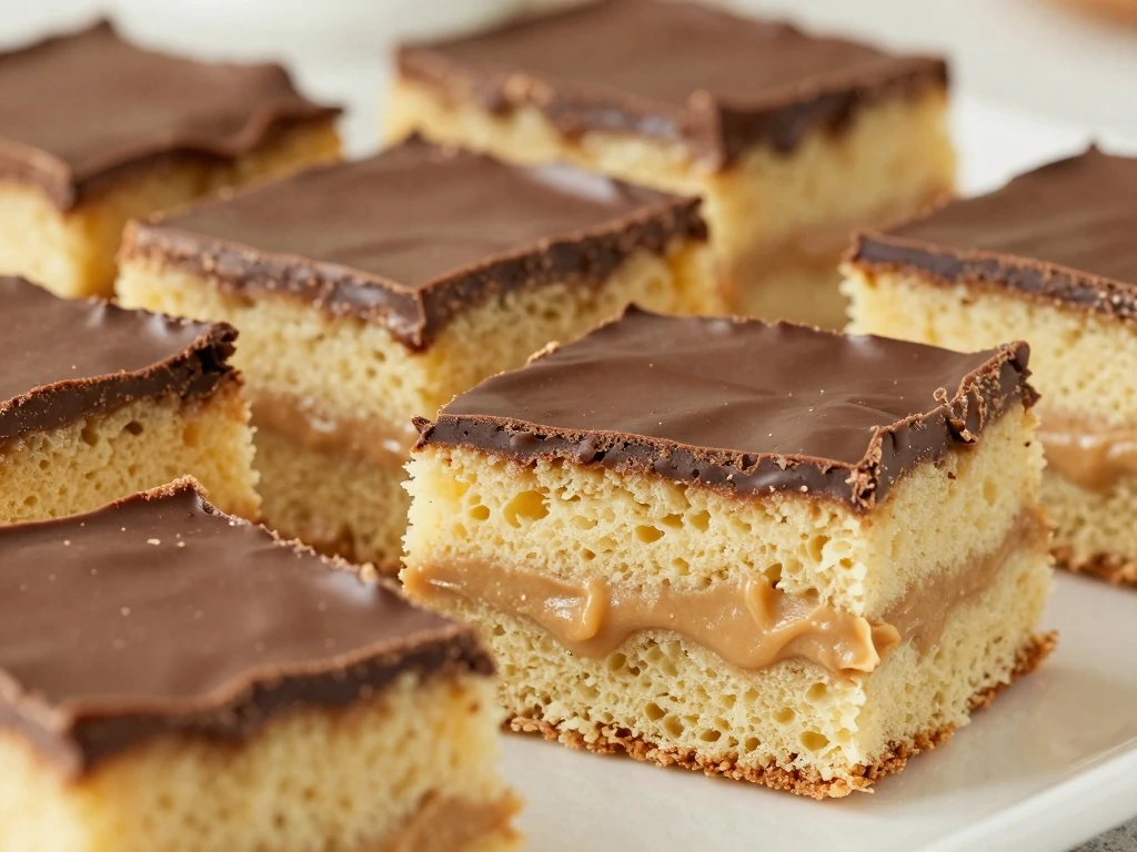 Old fashioned Tandy Cake bars showing three distinct layers