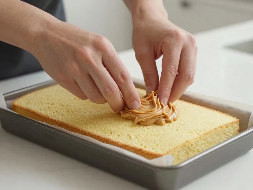 Spreading peanut butter over warm Tandy Cake
