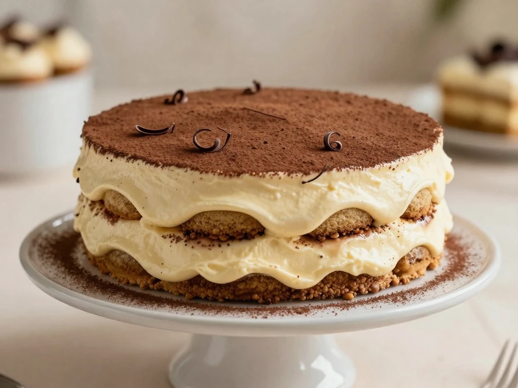 Whole two-layer tiramisu cake covered in mascarpone cream and cocoa