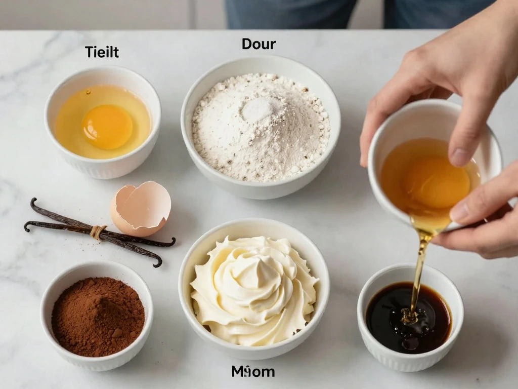 Ingredients for vanilla sponge, espresso syrup, and mascarpone cream