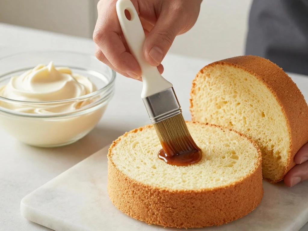 Applying espresso syrup to a vanilla sponge cake layer