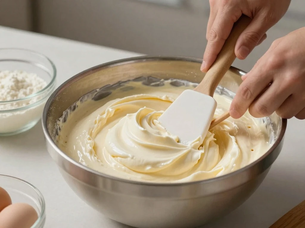 Folding whipped cream into mascarpone for tiramisu cake frosting
