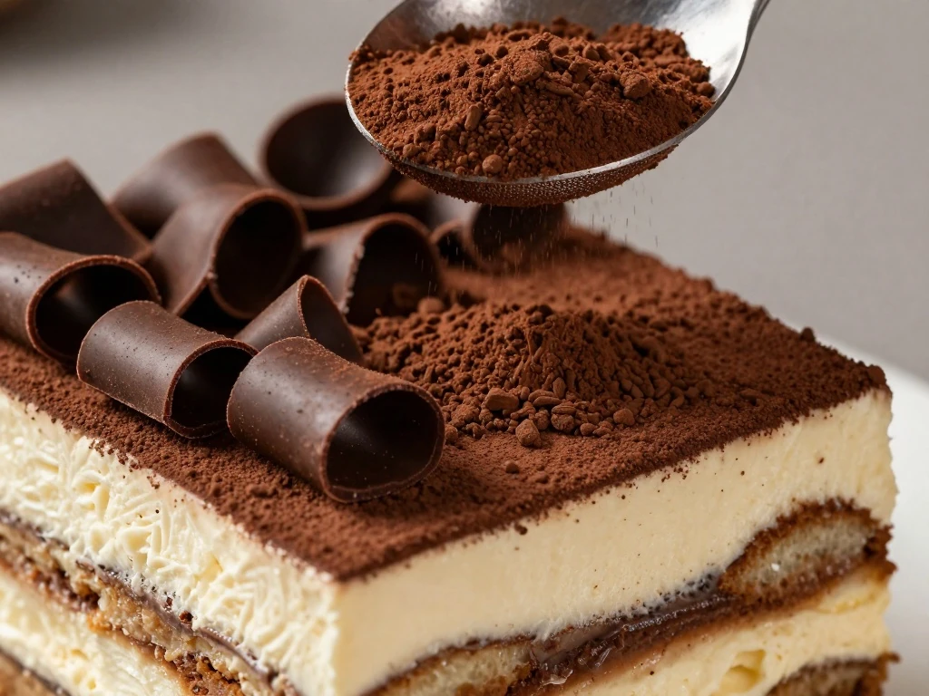 Cocoa and chocolate curl garnish on a tiramisu cake