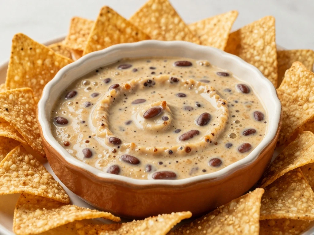 Hot creamy Tex-Mex bean dip served with tortilla chips