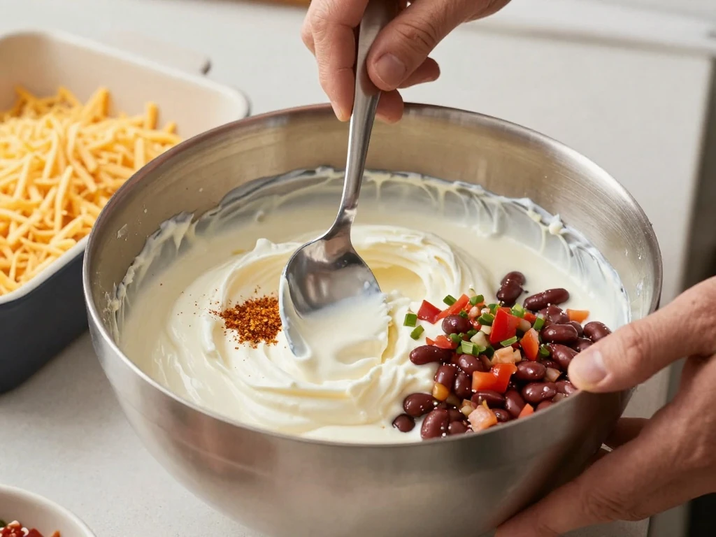 Creamy bean dip mixture being stirred before baking