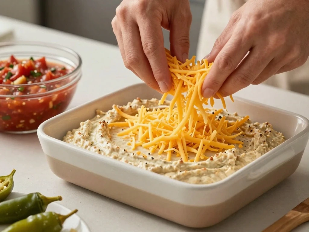 Bean dip spread in a baking dish before adding cheese