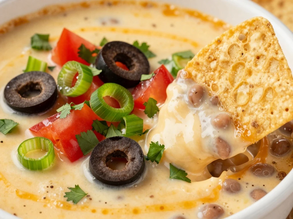Tex-Mex bean dip with fresh garnishes and tortilla chips