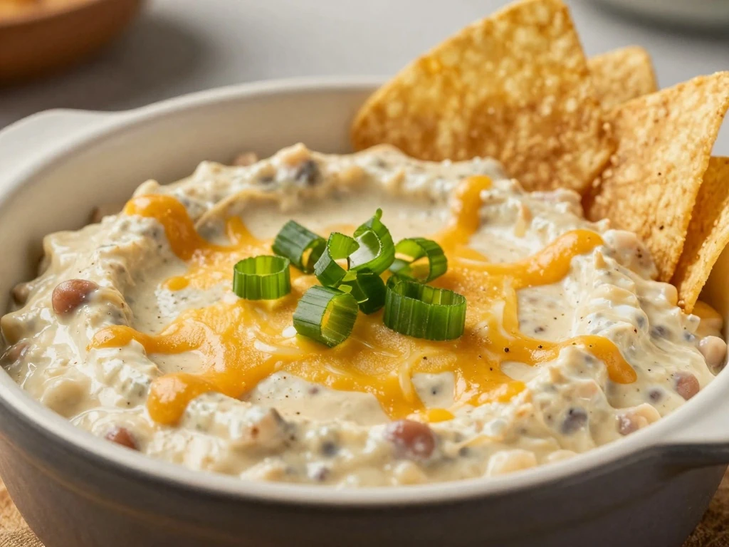 Warm reheated Tex-Mex bean dip ready to serve